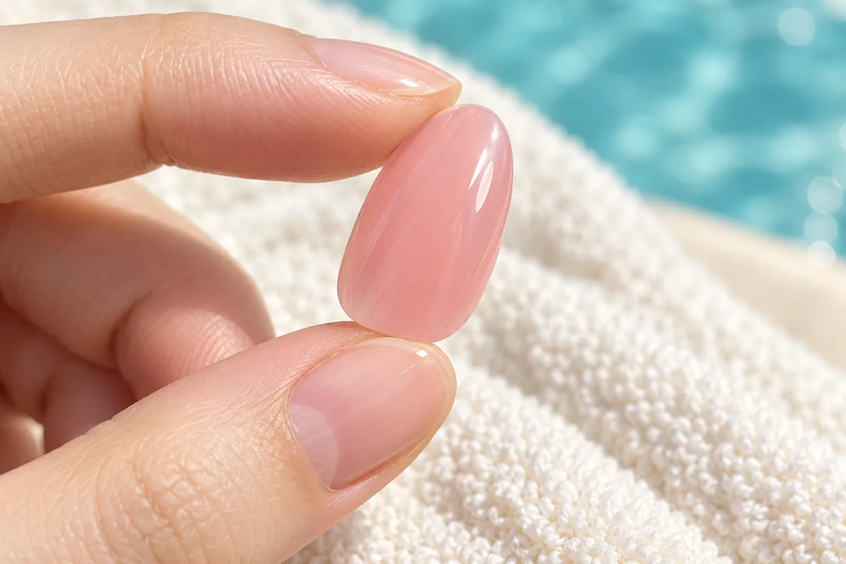 A separate glossy pink almond press-on nail tip held between two fingertips near a pool.