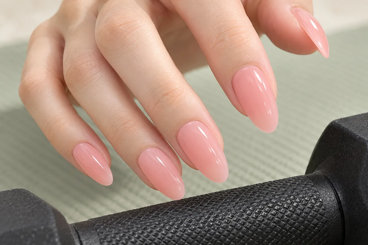 Close-up of pink almond press-on nail tips held near a dumbbell handle to assess clearance.