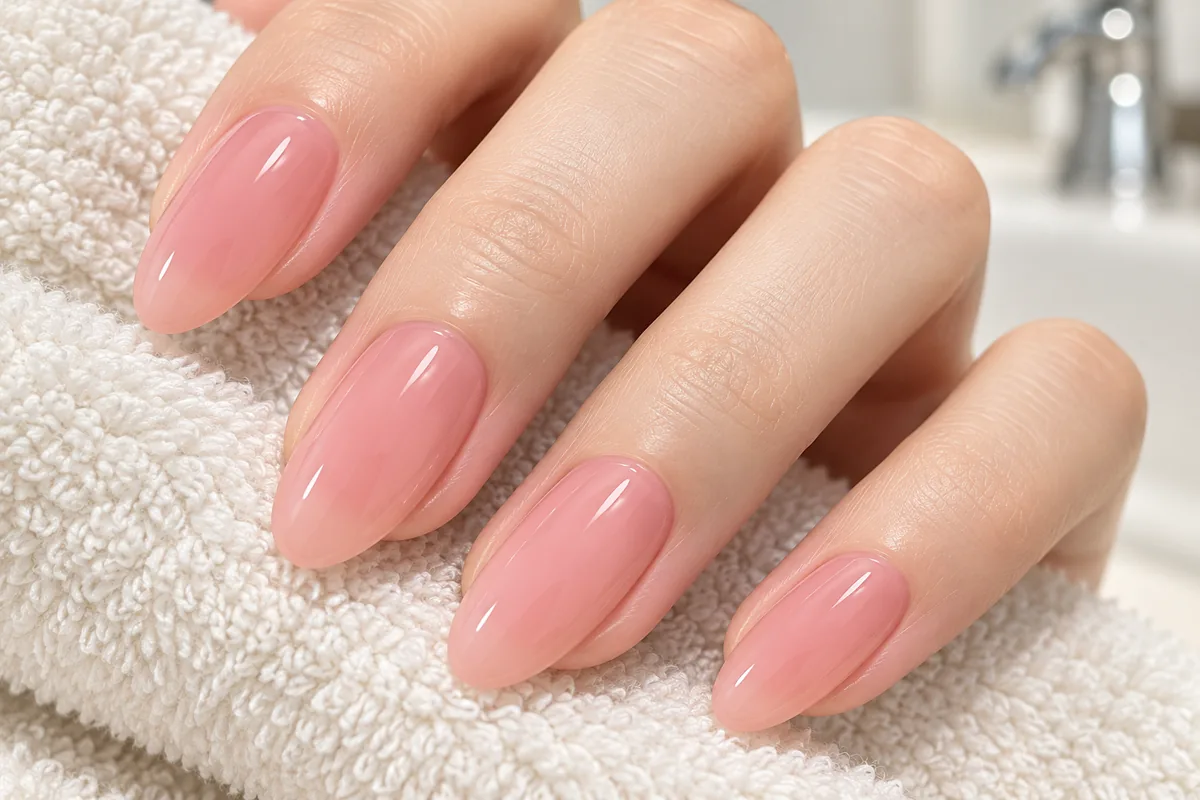 Close-up of glossy pink almond press-on nails resting on a dry ivory towel.