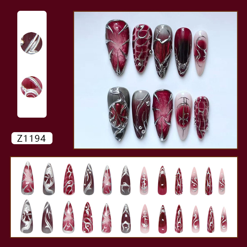 Burgundy Silver Marble Classic Press-On Nails by Winails