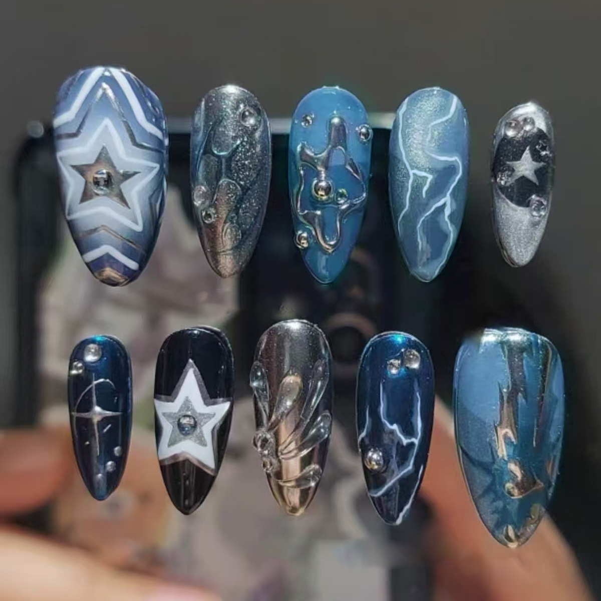 Blue Chrome Star Glitter Press-On Nails by Winails