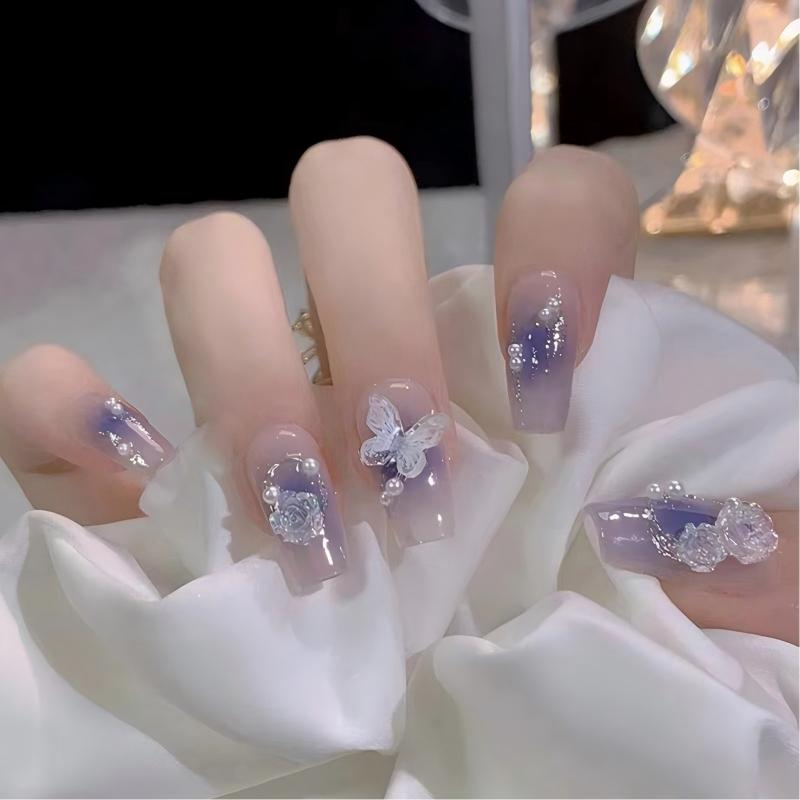 Lilac Butterfly Rhinestone Floral Press-On Nails by Winails
