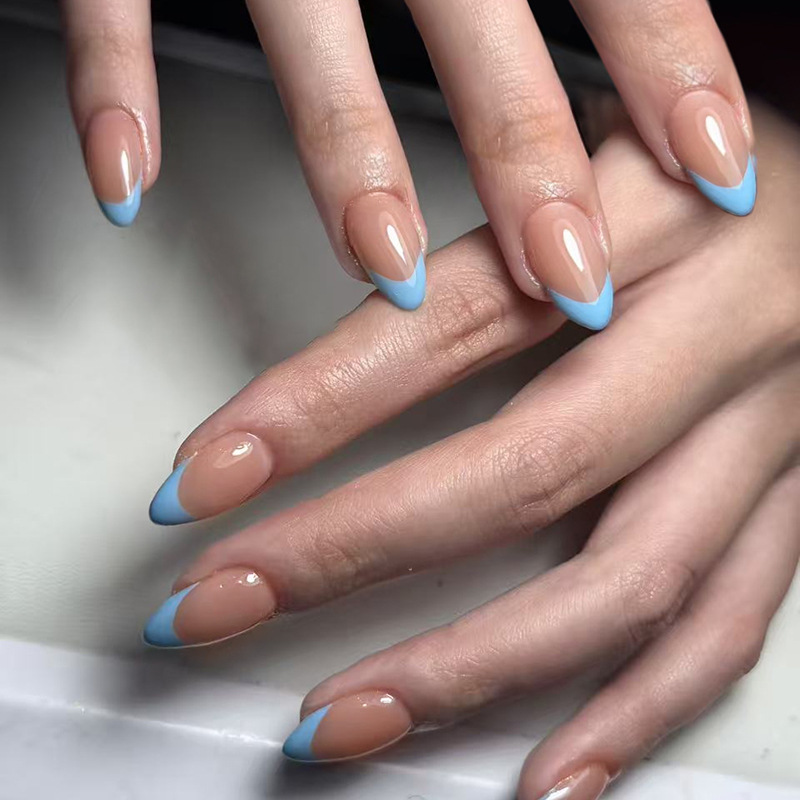 Sky Blue V-Cut French Tip Press-On Nails by Winails