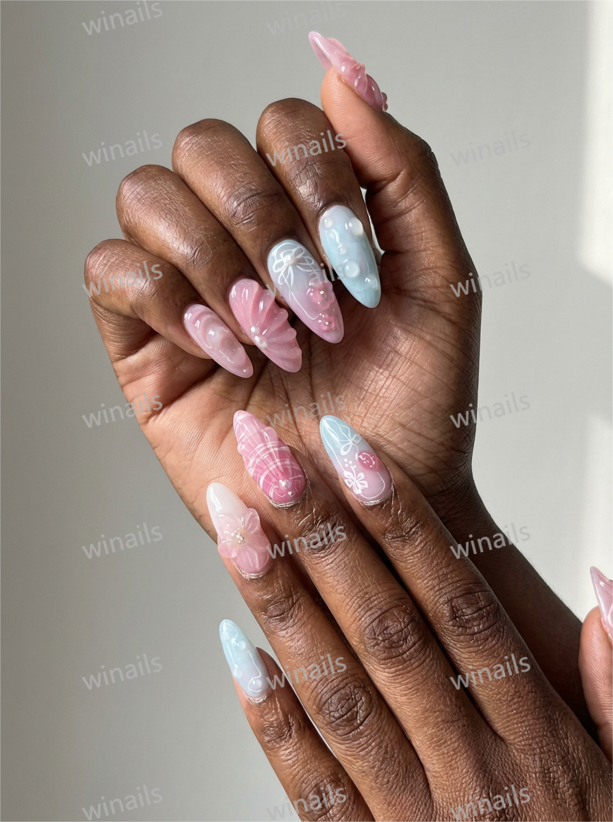 3D Seashell & Floral Mermaid Stiletto Press-On Nails by Winails