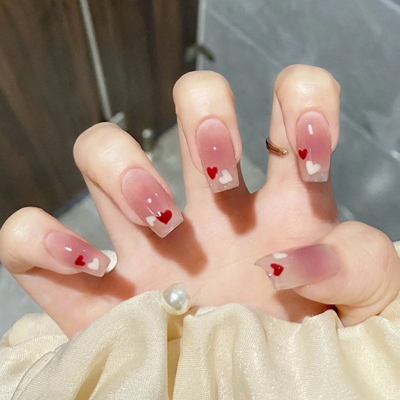 Pink Ombre Red & White Heart Glitter Press-On Nails by Winails