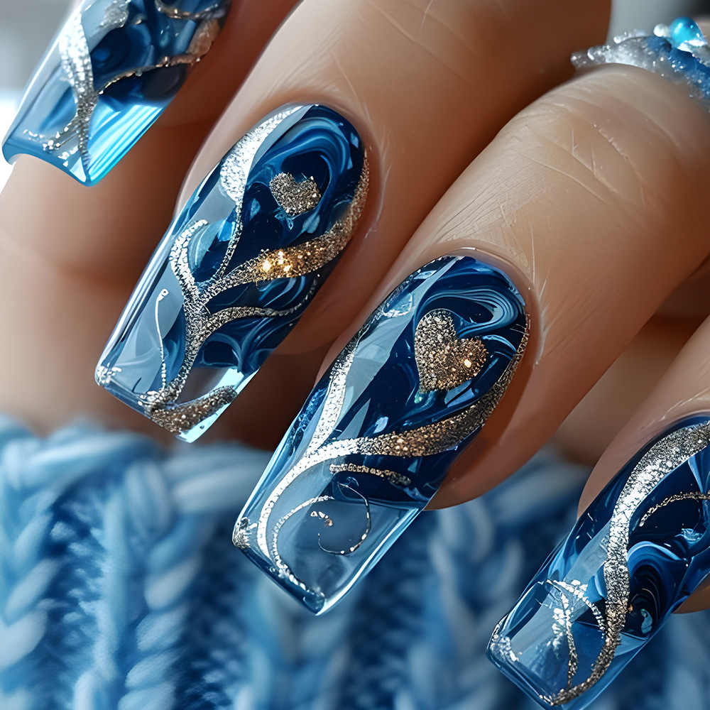 Luxury Blue Swirl with Gold Glitter Accents Classic Press-On Nails by Winails