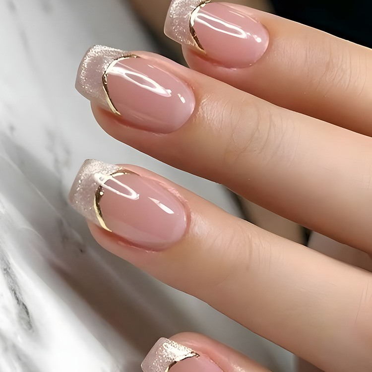 Luxury Nude & Gold Accent with Glitter Tips French Tip Press-On Nails by Winails